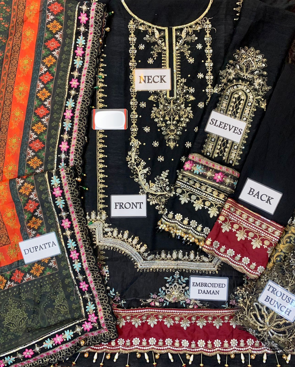 MARIA B – Chiffon Embroidered 3-Piece Suit ( BLACK)