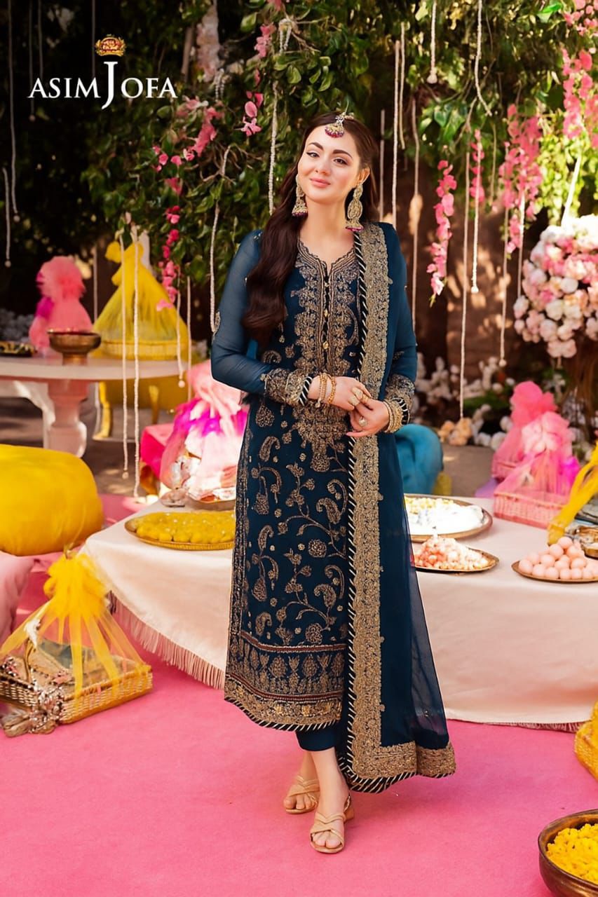 ASIM JOFA – Chiffon Unstitched 3-Piece Suit (BLUE)