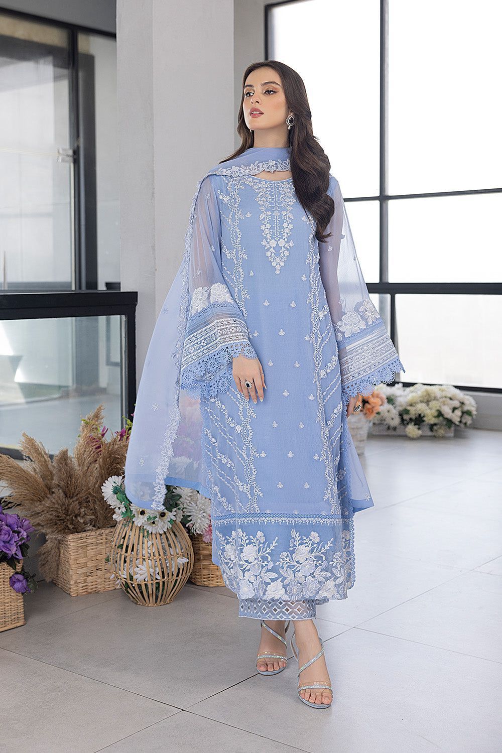 Azure Organza Suit with Thread & Sequins Embroidery